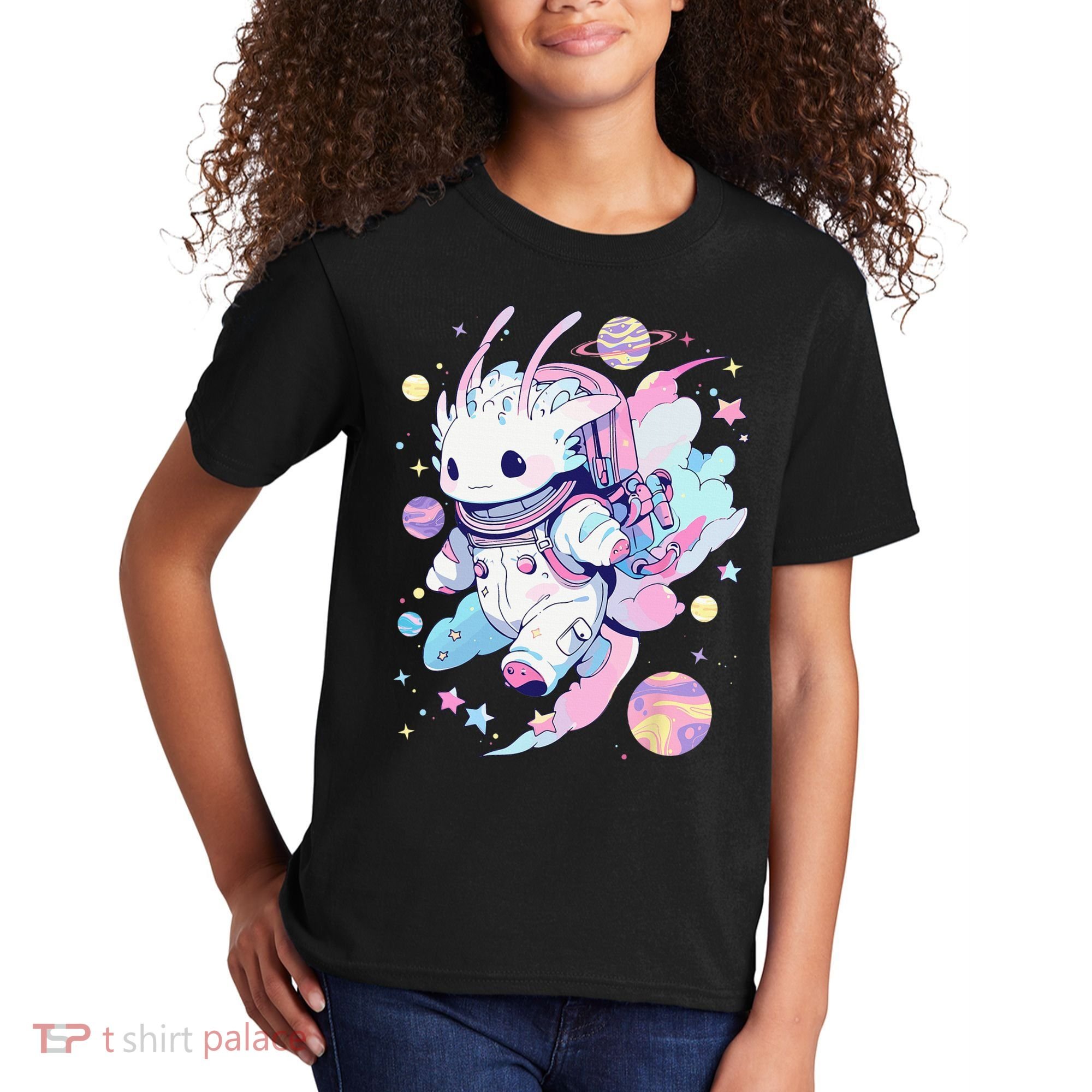 Cute Space Galaxy Axolotl Pastel Goth Aesthetic Nu Goth Kids T-Shirt