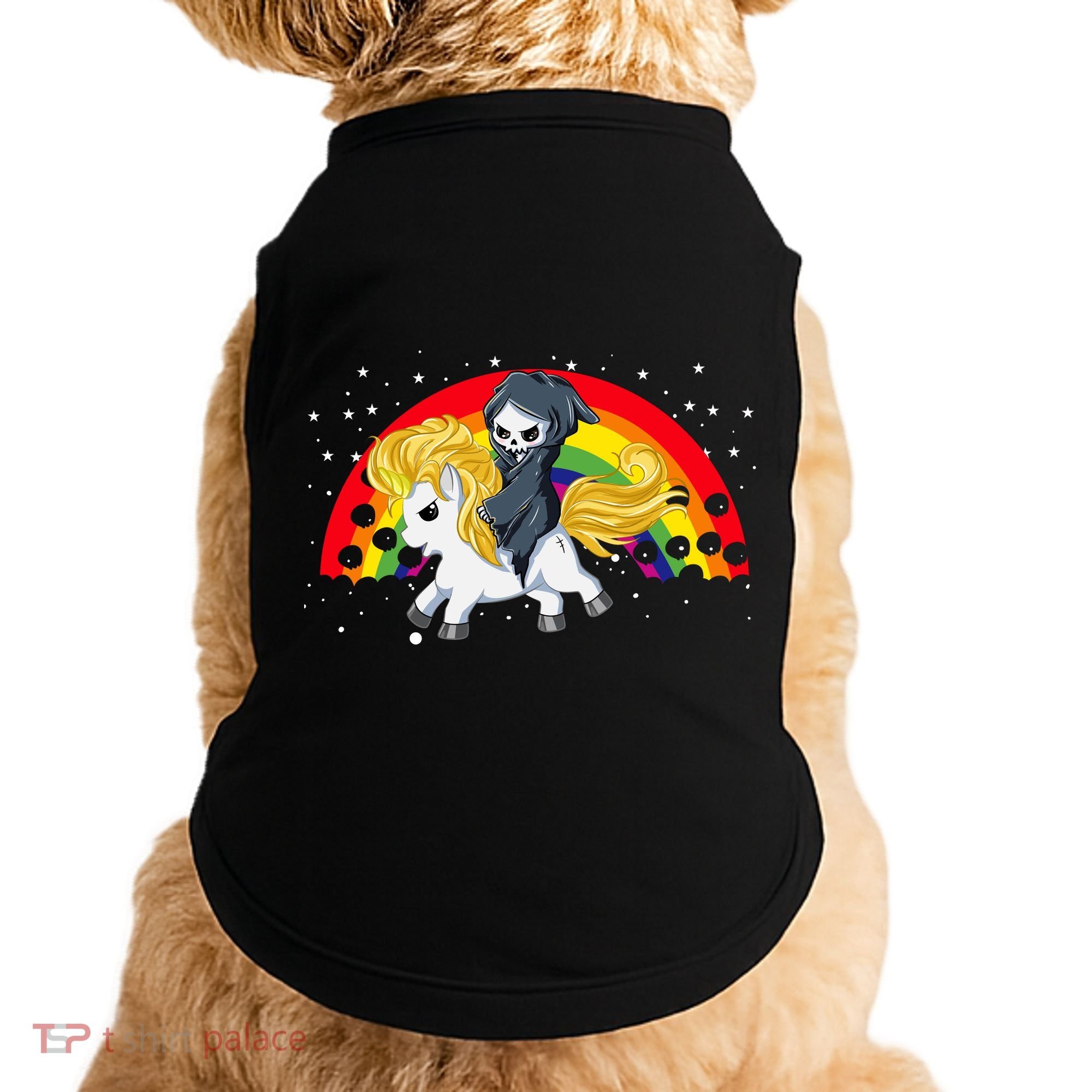 Cute Scary Ghost Face Skull Reaper On Golden Unicorn Rainbow Doggie Tank