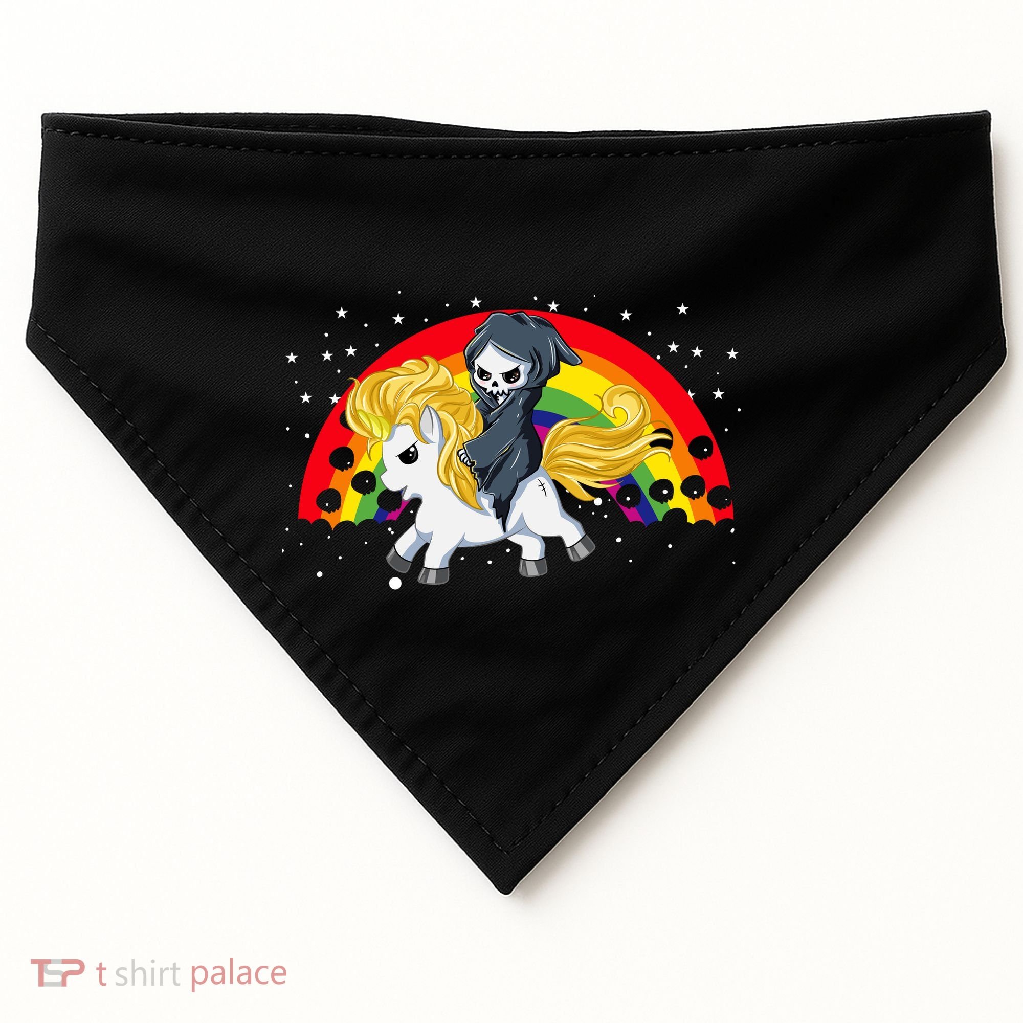 Cute Scary Ghost Face Skull Reaper On Golden Unicorn Rainbow USA-Made Doggie Bandana