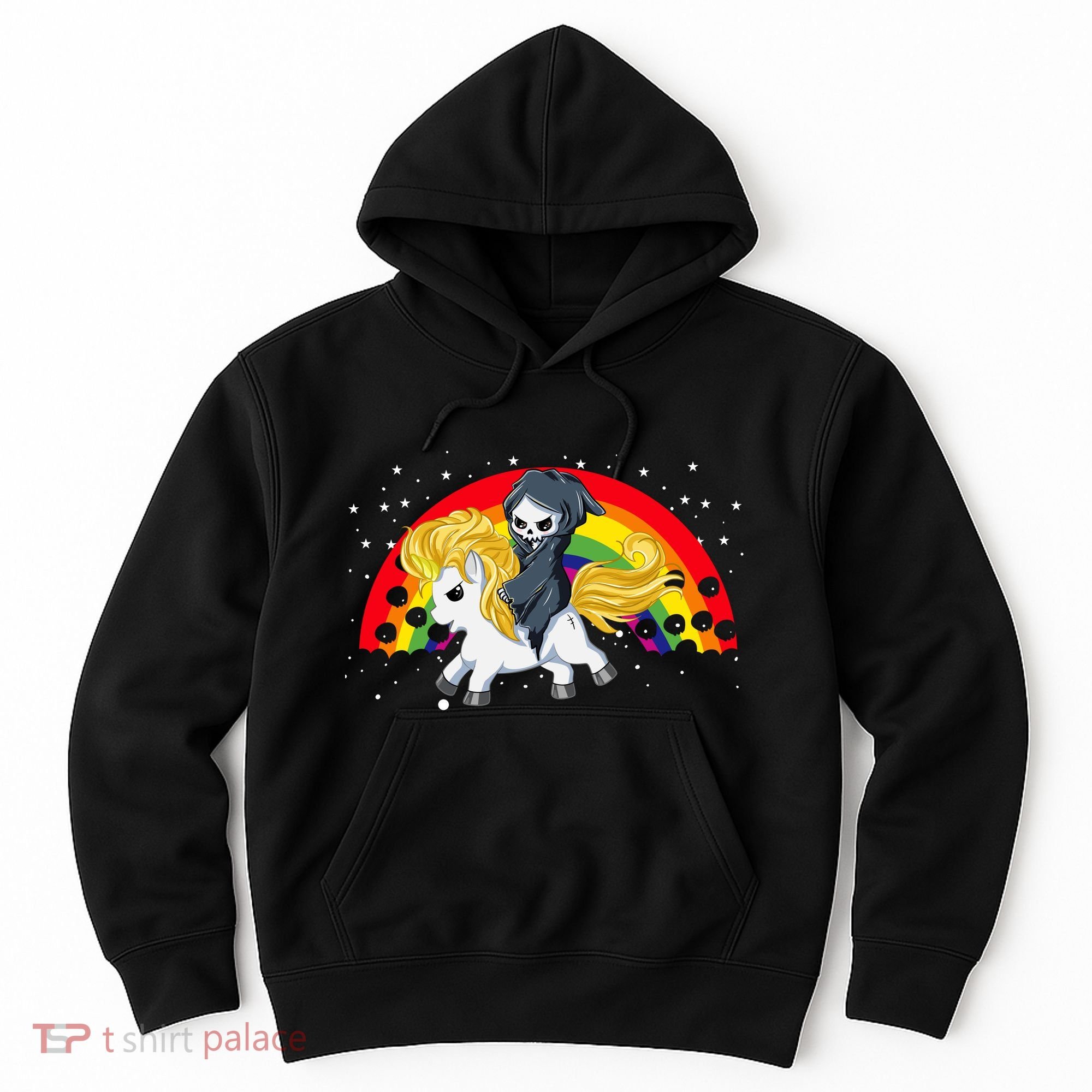 Cute Scary Ghost Face Skull Reaper On Golden Unicorn Rainbow Hoodie