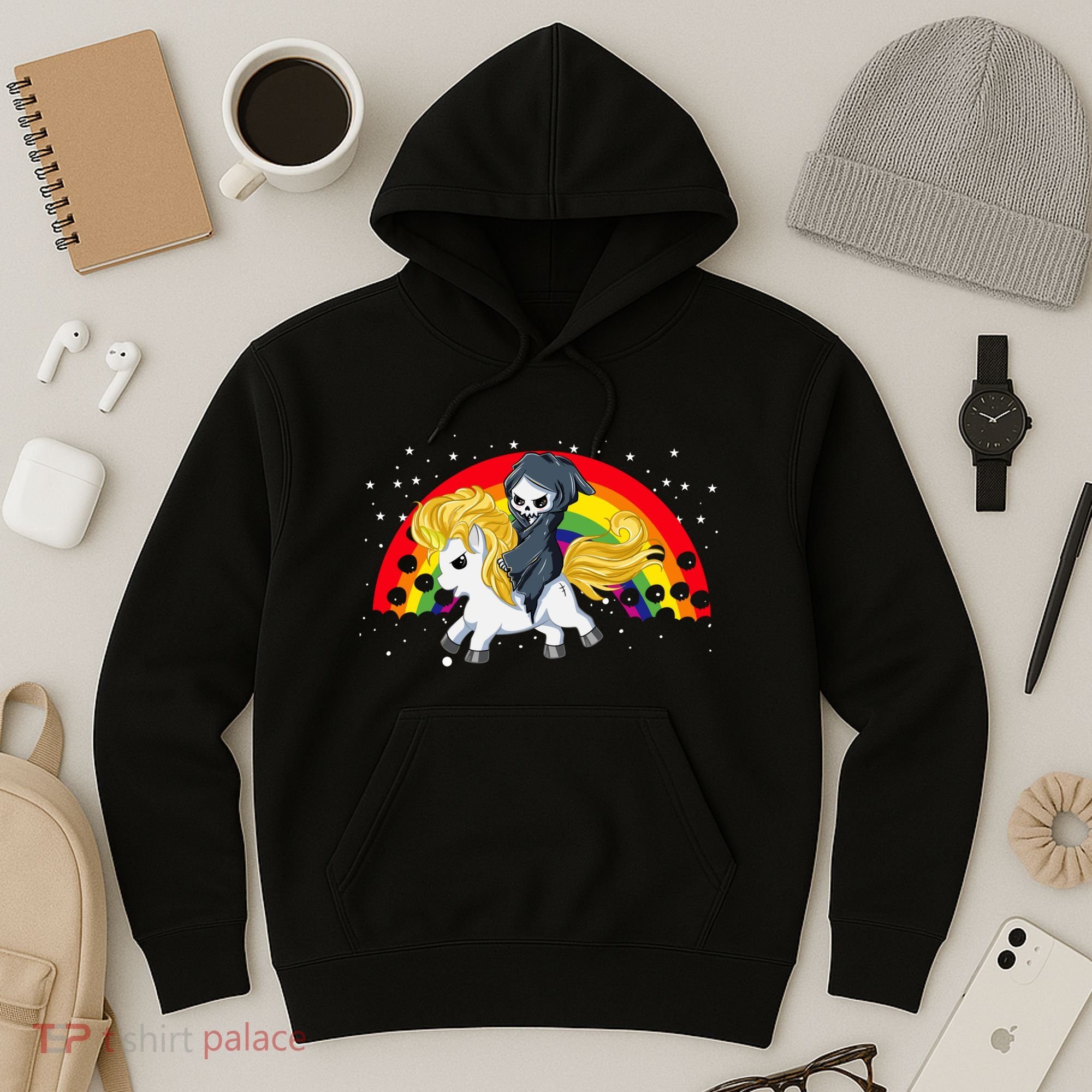 Cute Scary Ghost Face Skull Reaper On Golden Unicorn Rainbow Hoodie