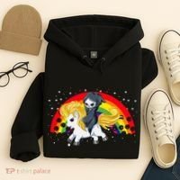 Cute Scary Ghost Face Skull Reaper On Golden Unicorn Rainbow Hoodie thumb 4