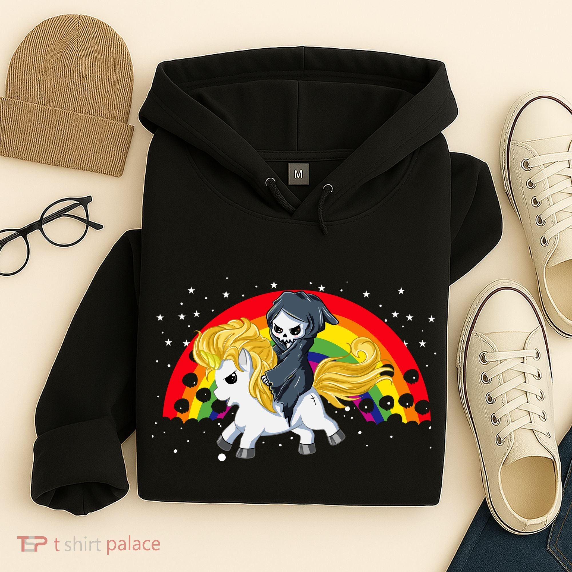 Cute Scary Ghost Face Skull Reaper On Golden Unicorn Rainbow Hoodie