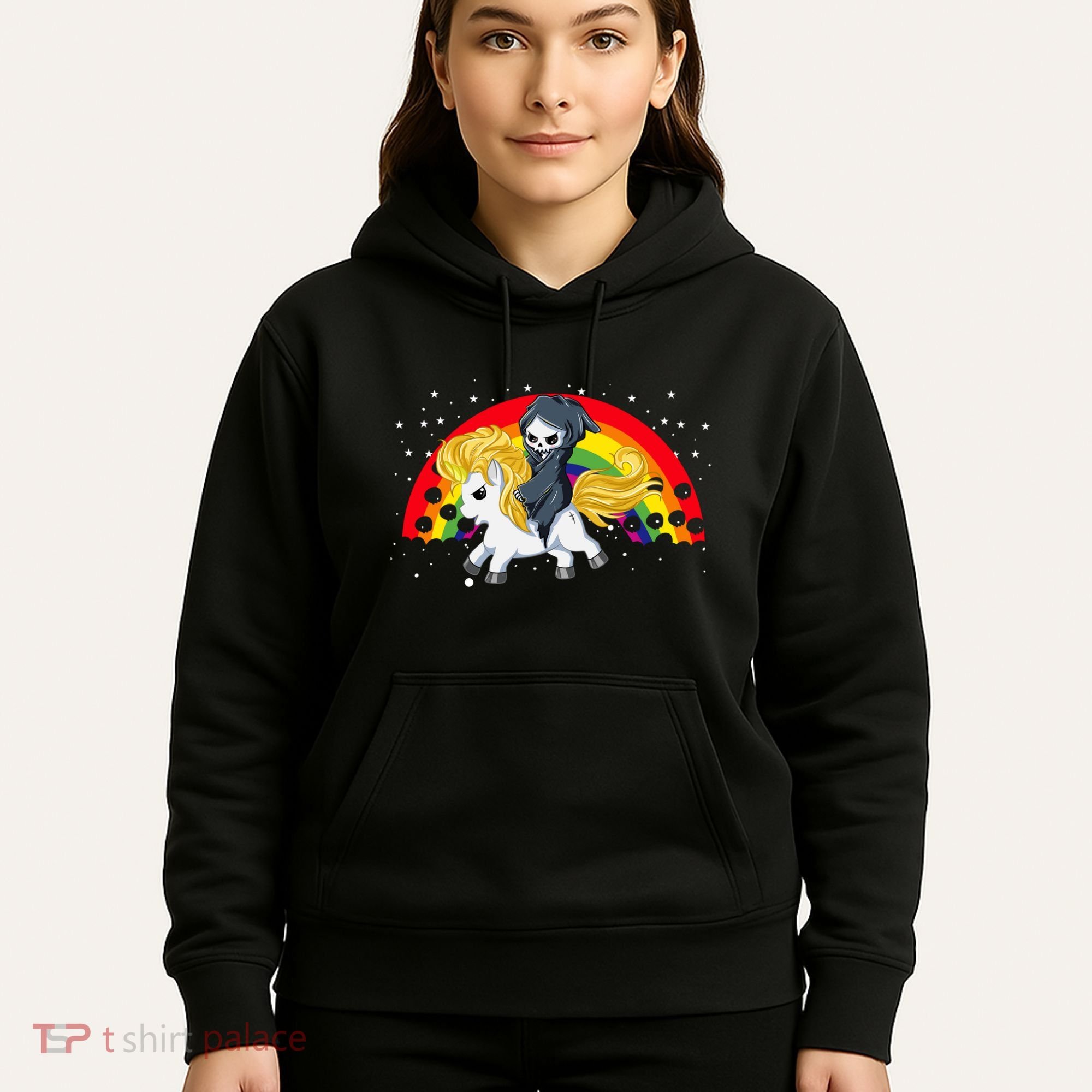 Cute Scary Ghost Face Skull Reaper On Golden Unicorn Rainbow Hoodie