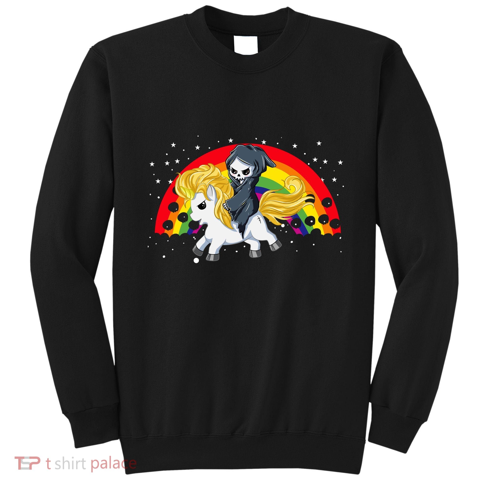Cute Scary Ghost Face Skull Reaper On Golden Unicorn Rainbow Sweatshirt