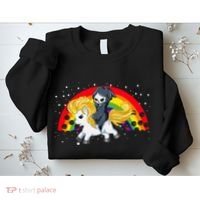 Cute Scary Ghost Face Skull Reaper On Golden Unicorn Rainbow Sweatshirt thumb 2