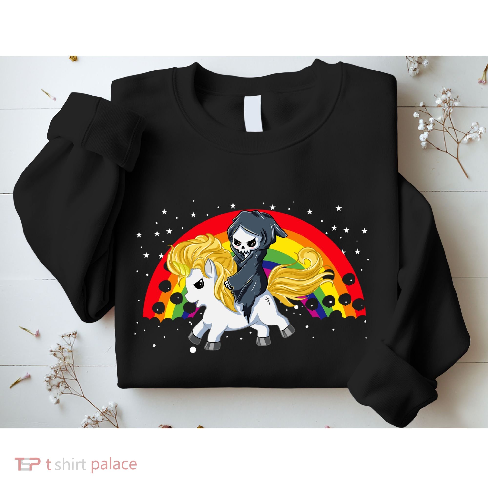 Cute Scary Ghost Face Skull Reaper On Golden Unicorn Rainbow Sweatshirt