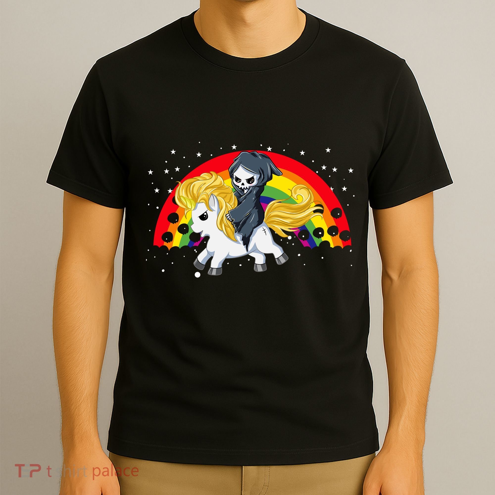 Cute Scary Ghost Face Skull Reaper On Golden Unicorn Rainbow T-Shirt