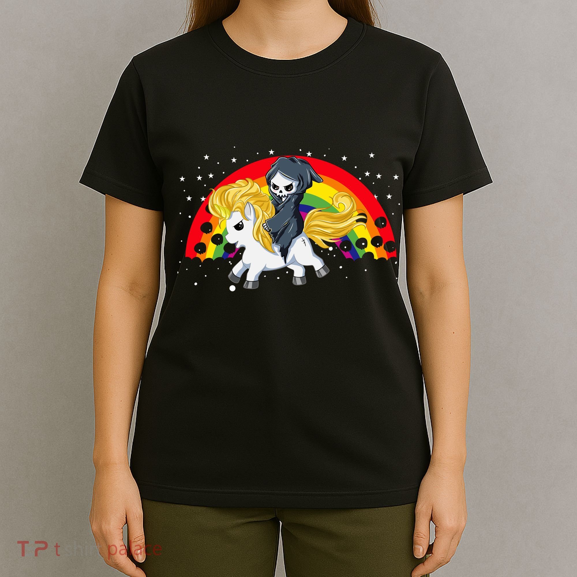 Cute Scary Ghost Face Skull Reaper On Golden Unicorn Rainbow T-Shirt