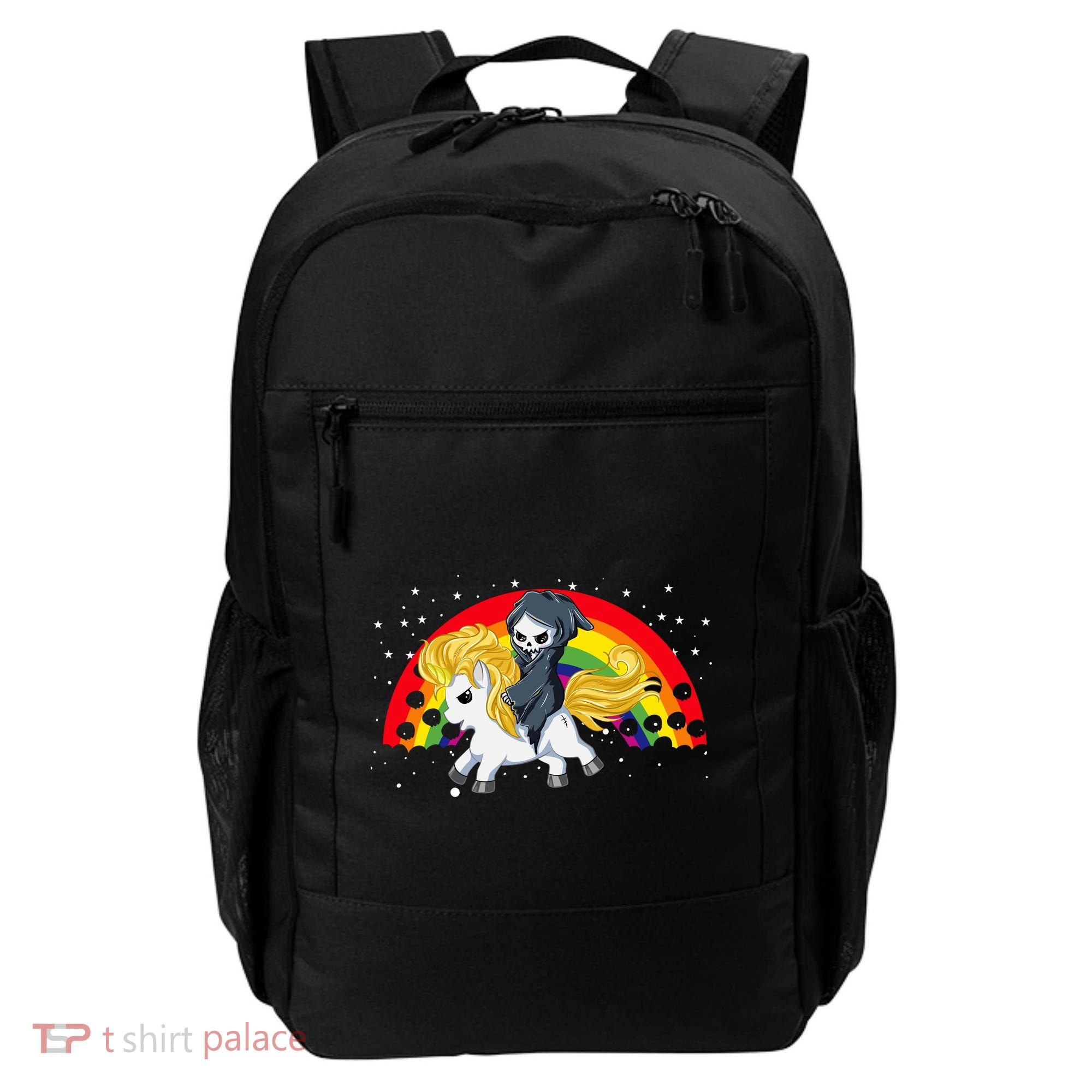 Cute Scary Ghost Face Skull Reaper On Golden Unicorn Rainbow Backpack