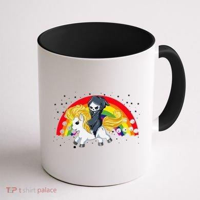 Cute Scary Ghost Face Skull Reaper On Golden Unicorn Rainbow Coffee Mug back