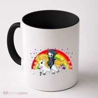 Cute Scary Ghost Face Skull Reaper On Golden Unicorn Rainbow Coffee Mug thumb 0