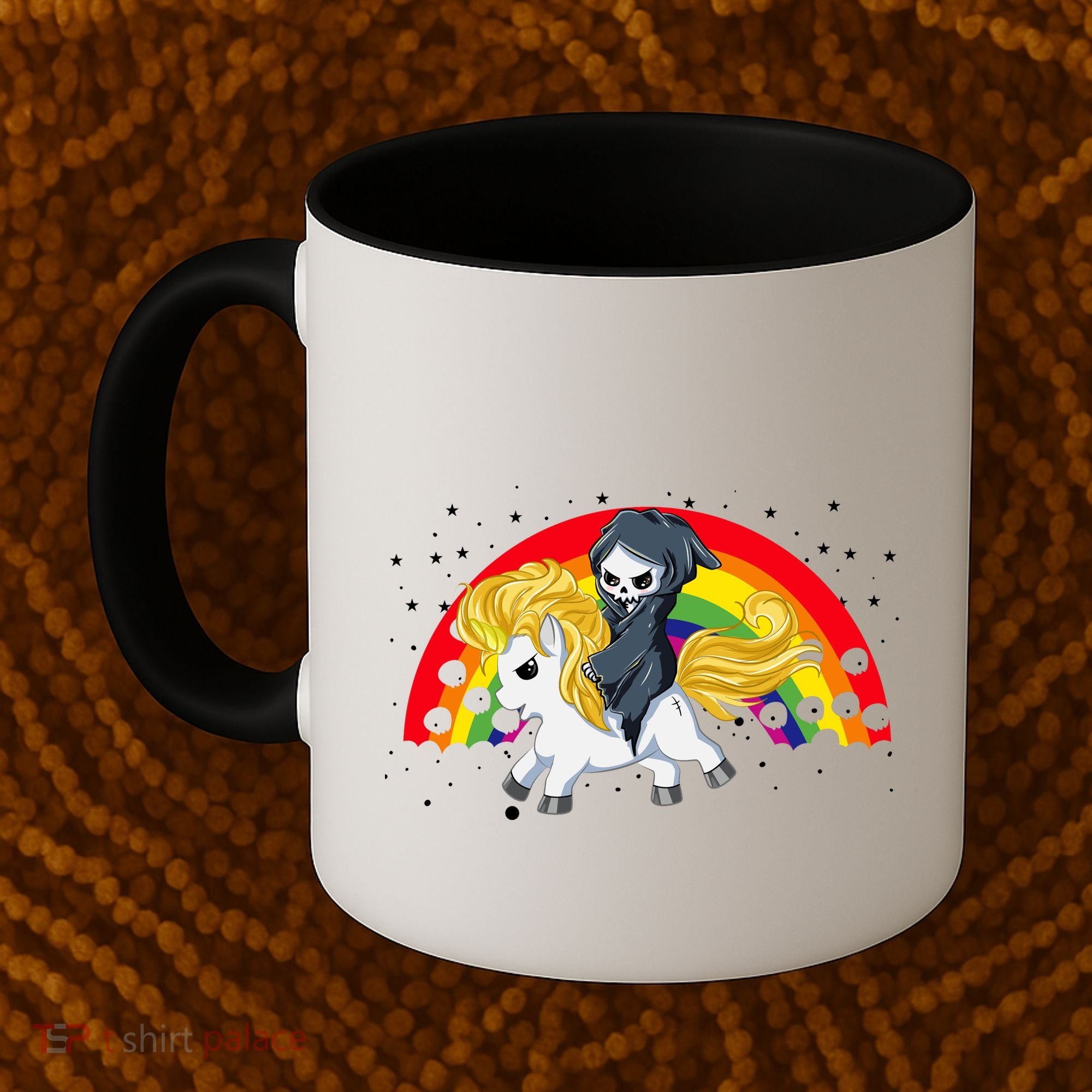 Cute Scary Ghost Face Skull Reaper On Golden Unicorn Rainbow Coffee Mug