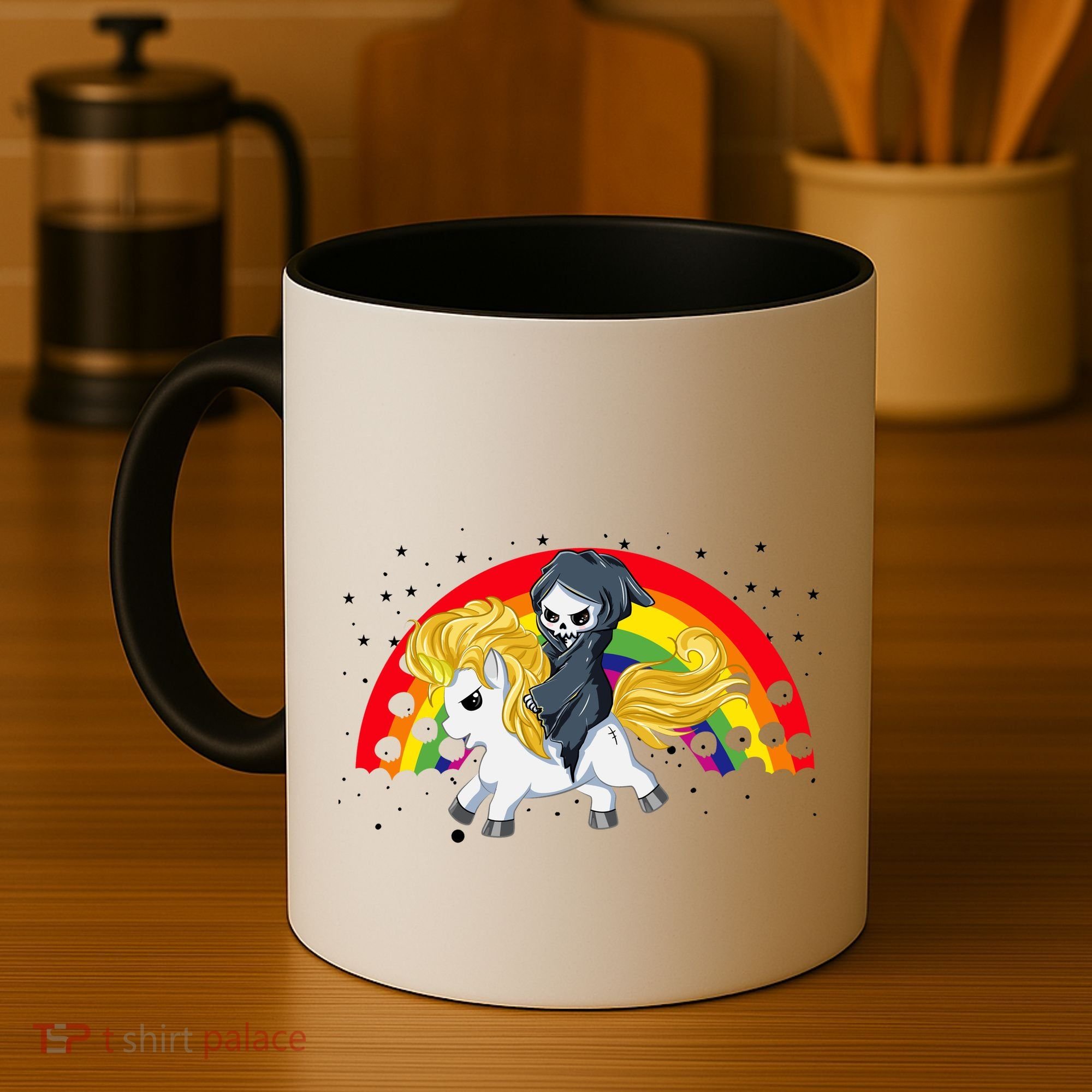 Cute Scary Ghost Face Skull Reaper On Golden Unicorn Rainbow Coffee Mug