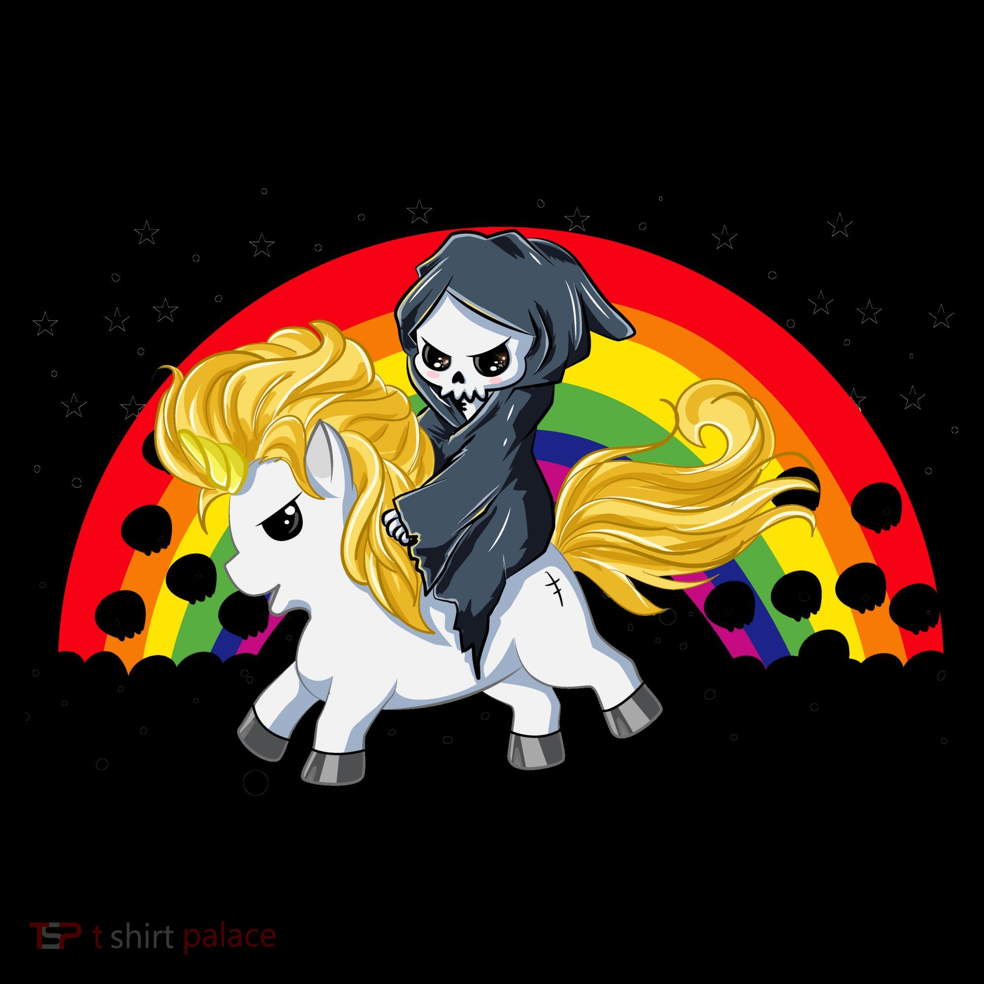 Cute Scary Ghost Face Skull Reaper On Golden Unicorn Rainbow Coffee Mug