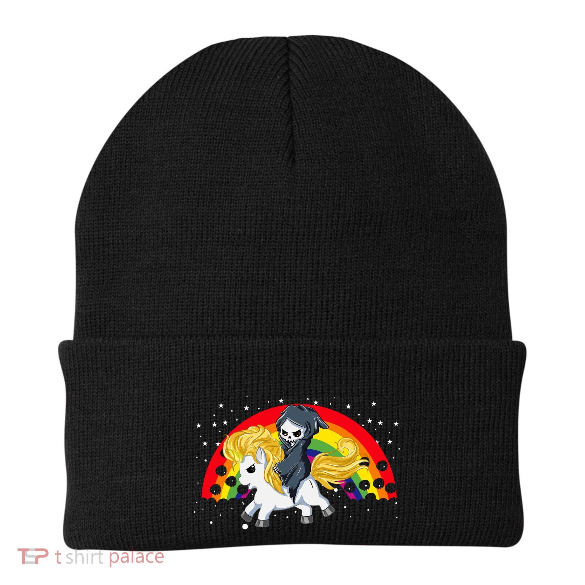 Cute Scary Ghost Face Skull Reaper On Golden Unicorn Rainbow Beanie