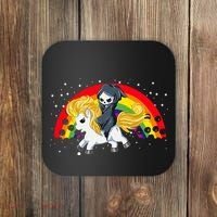Cute Scary Ghost Face Skull Reaper On Golden Unicorn Rainbow Coaster thumb 0