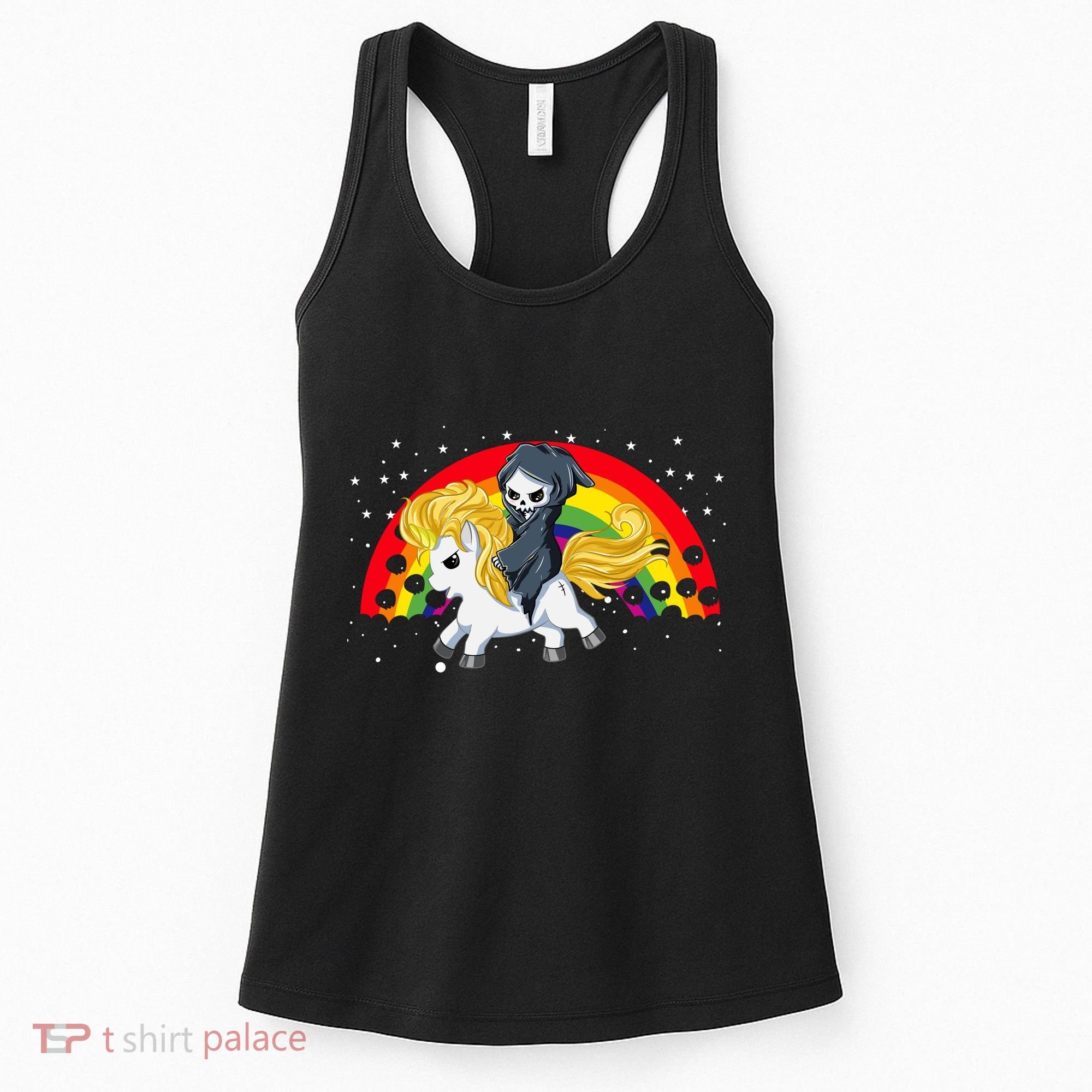 Cute Scary Ghost Face Skull Reaper On Golden Unicorn Rainbow Women's Tank Top