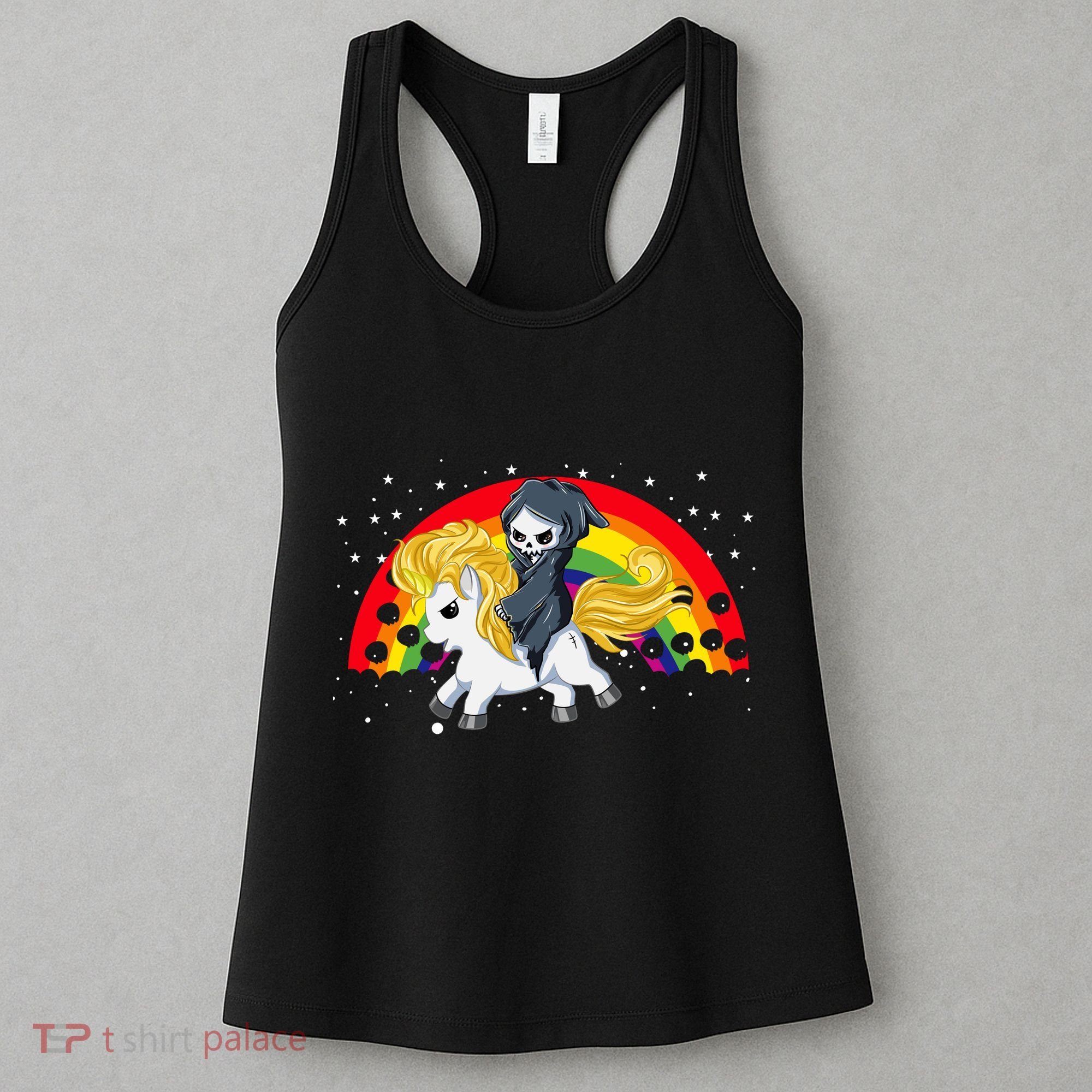 Cute Scary Ghost Face Skull Reaper On Golden Unicorn Rainbow Women's Tank Top