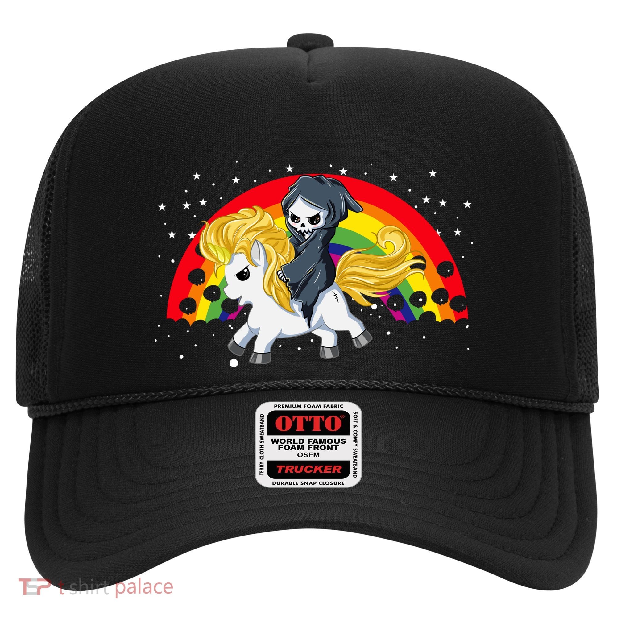 Cute Scary Ghost Face Skull Reaper On Golden Unicorn Rainbow Hat