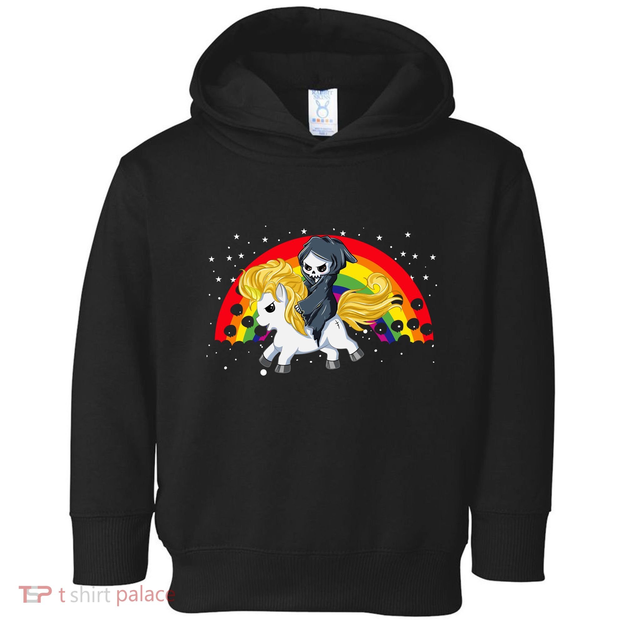 Cute Scary Ghost Face Skull Reaper On Golden Unicorn Rainbow Toddler Hoodie