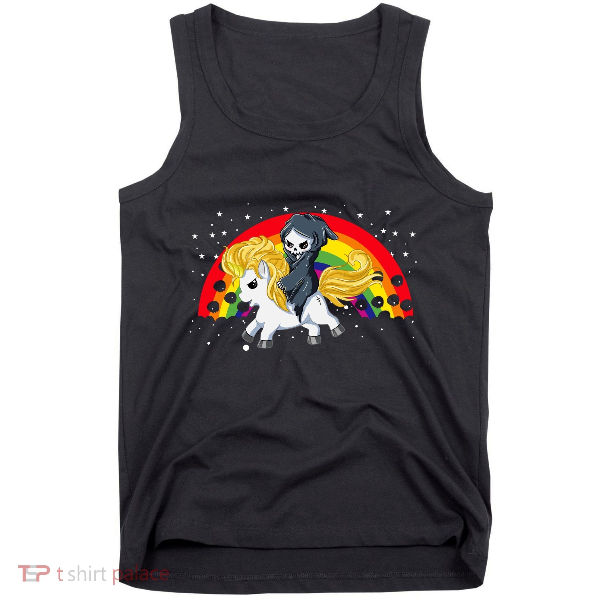 Cute Scary Ghost Face Skull Reaper On Golden Unicorn Rainbow Tank Top