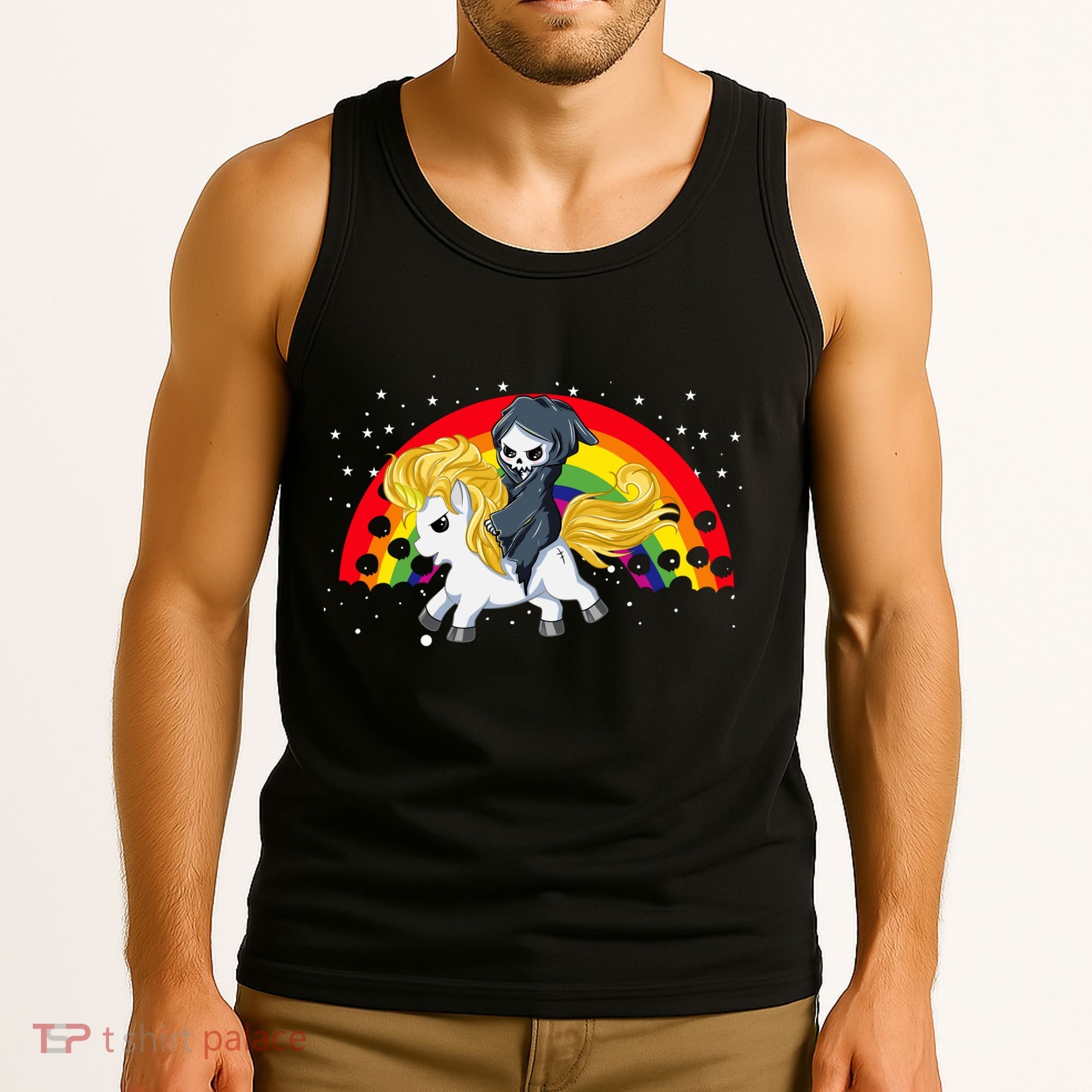 Cute Scary Ghost Face Skull Reaper On Golden Unicorn Rainbow Tank Top
