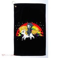 Cute Scary Ghost Face Skull Reaper On Golden Unicorn Rainbow Golf Towel thumb 0