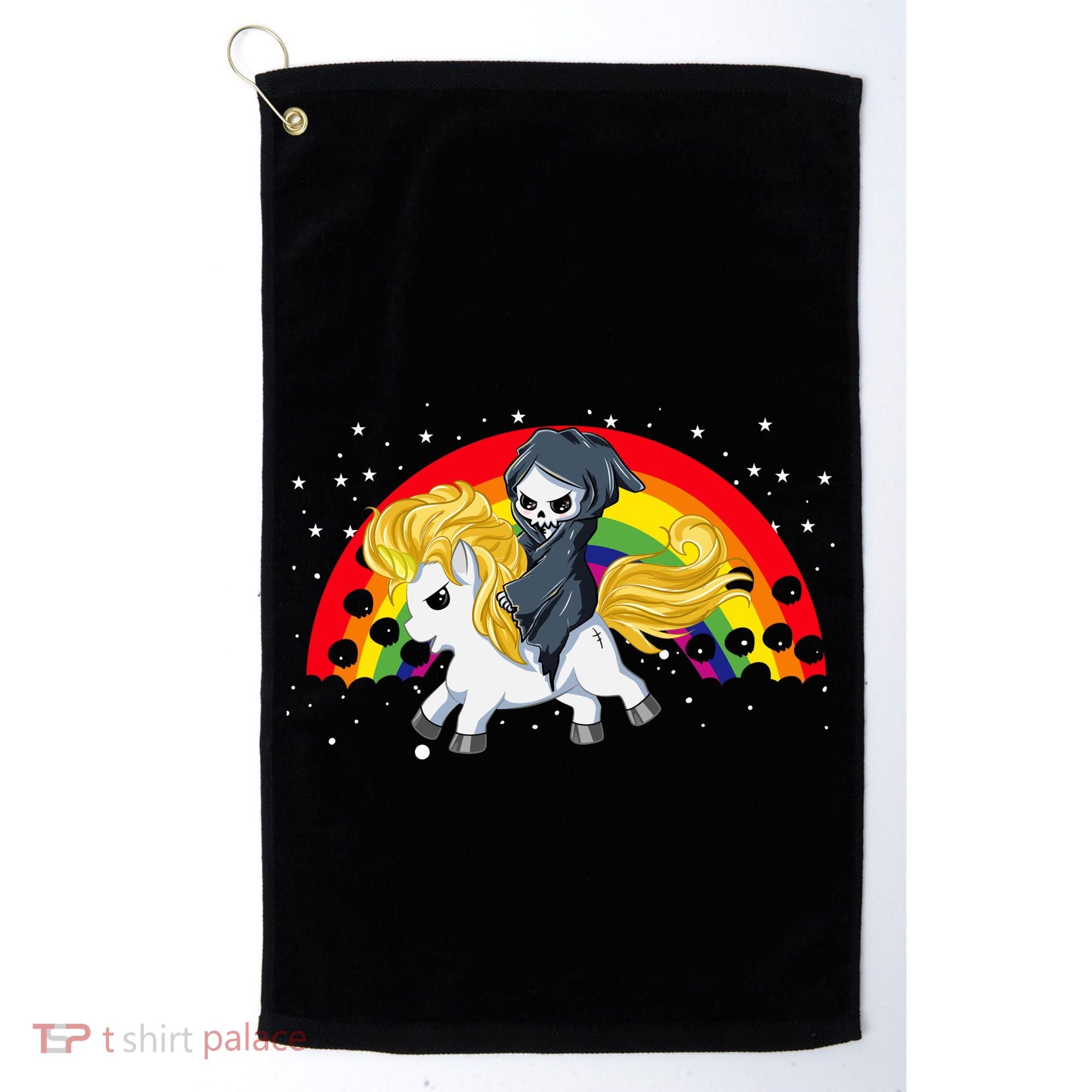 Cute Scary Ghost Face Skull Reaper On Golden Unicorn Rainbow Golf Towel