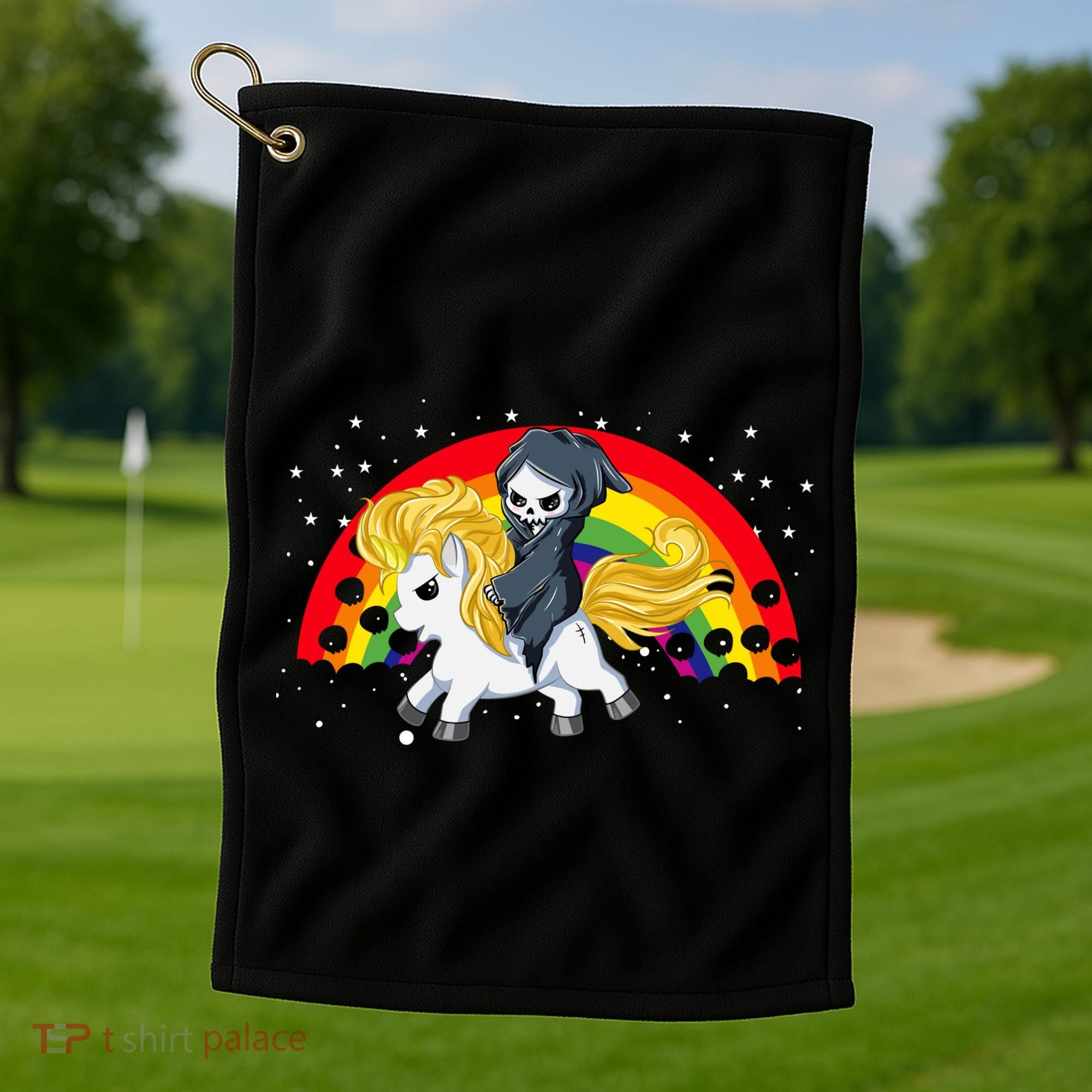 Cute Scary Ghost Face Skull Reaper On Golden Unicorn Rainbow Golf Towel
