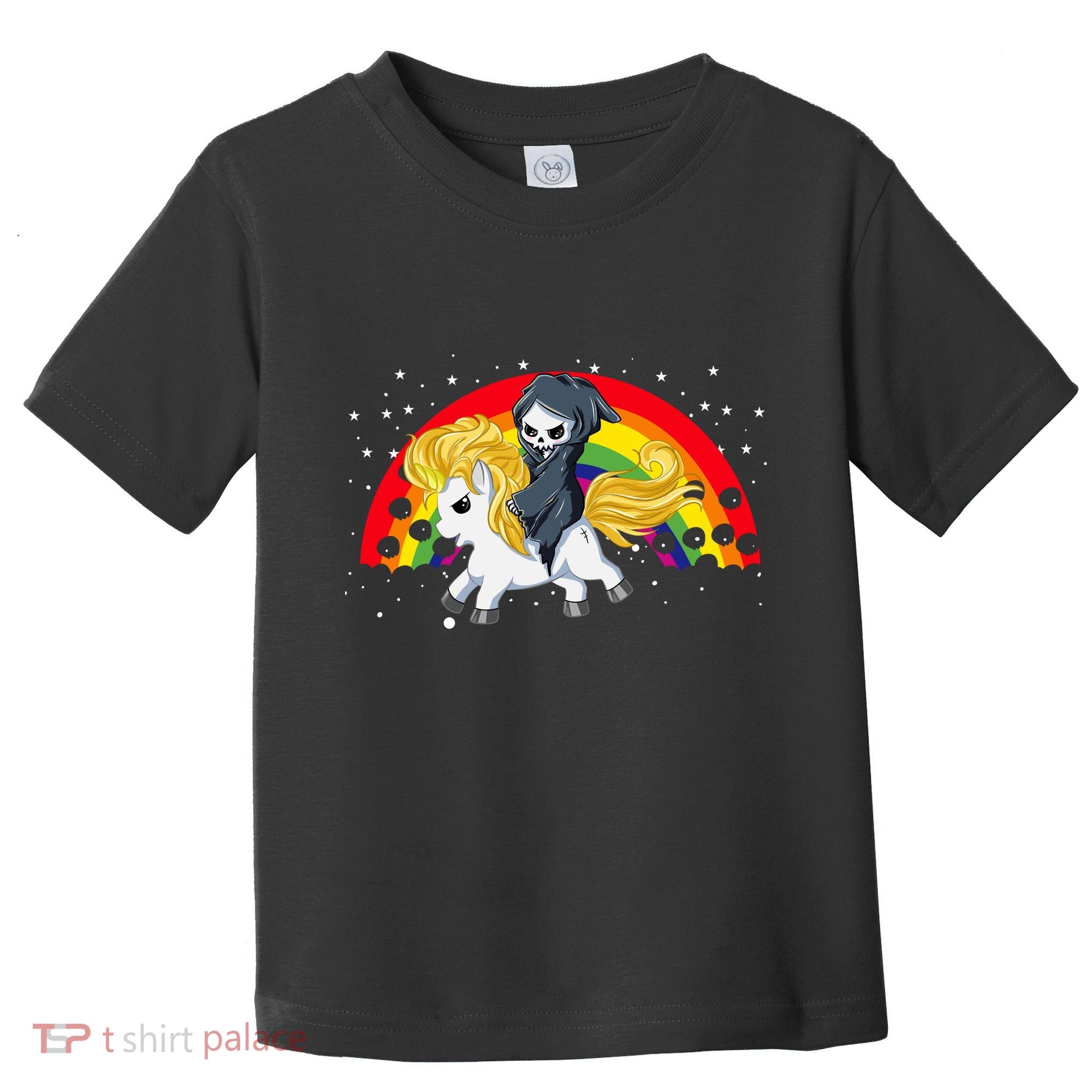 Cute Scary Ghost Face Skull Reaper On Golden Unicorn Rainbow Toddler T-Shirt