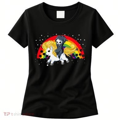 Cute Scary Ghost Face Skull Reaper On Golden Unicorn Rainbow Women's T-Shirt