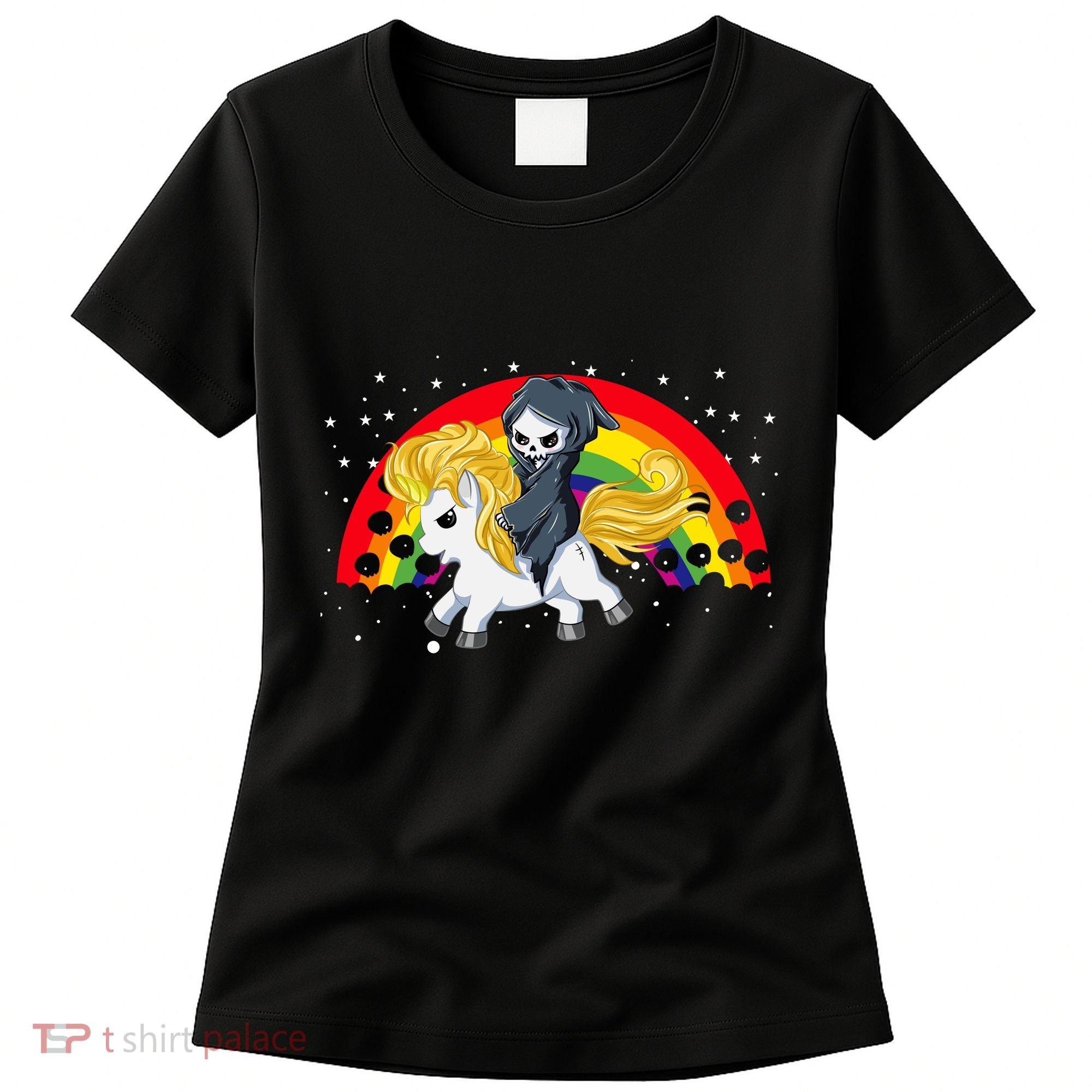 Cute Scary Ghost Face Skull Reaper On Golden Unicorn Rainbow Women's T-Shirt