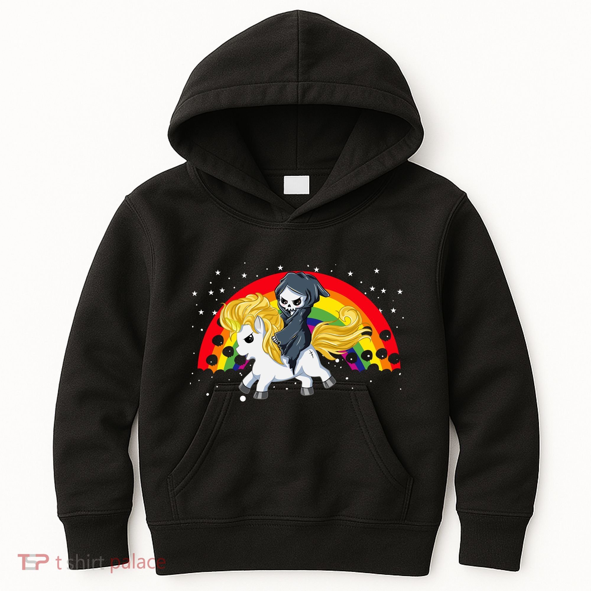 Cute Scary Ghost Face Skull Reaper On Golden Unicorn Rainbow Kids Hoodie