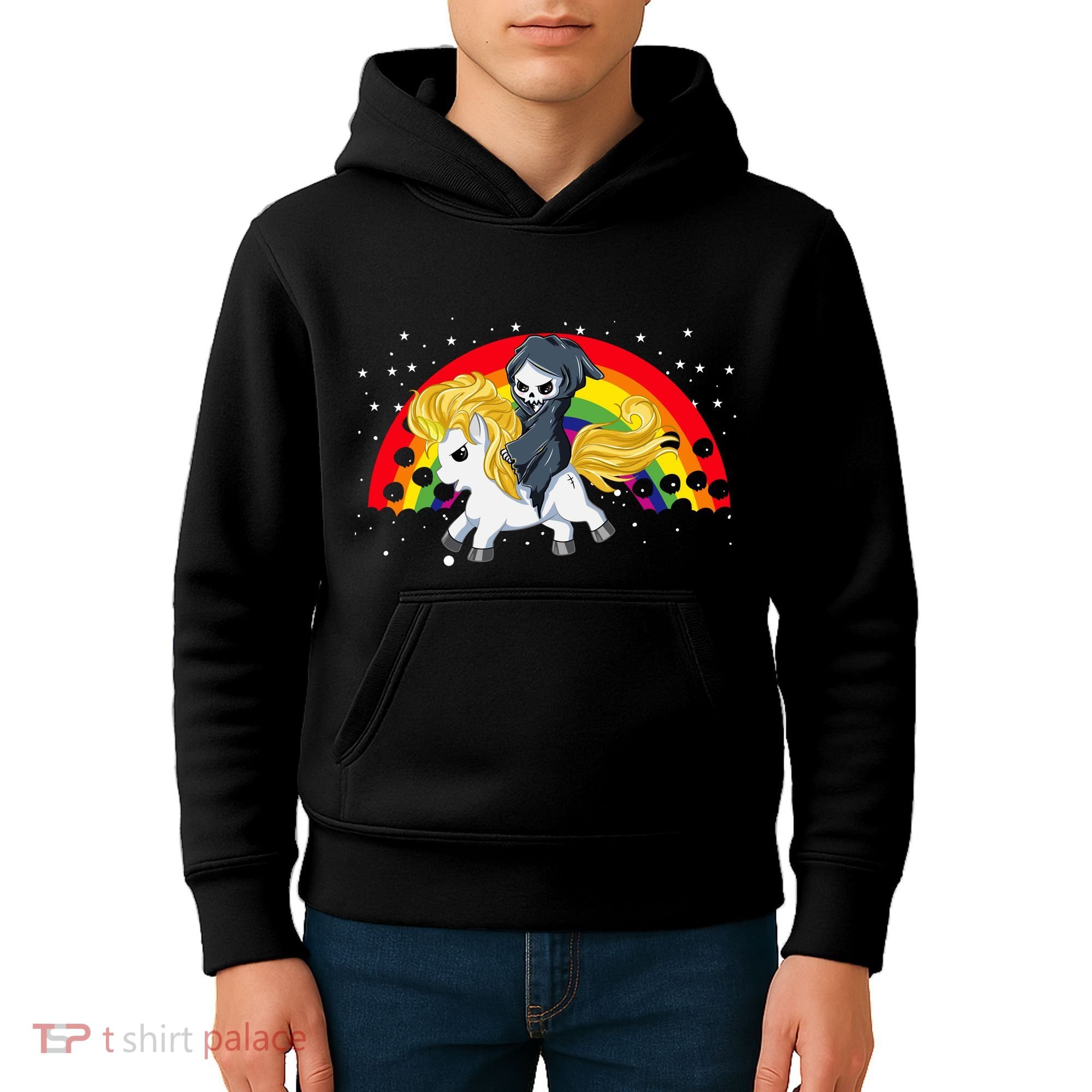 Cute Scary Ghost Face Skull Reaper On Golden Unicorn Rainbow Kids Hoodie
