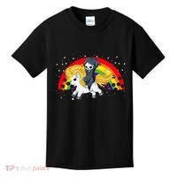 Cute Scary Ghost Face Skull Reaper On Golden Unicorn Rainbow Kids T-Shirt thumb 0