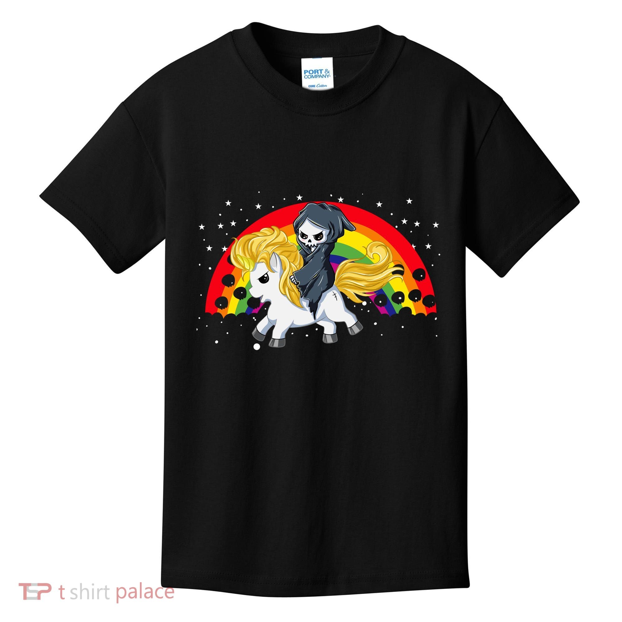 Cute Scary Ghost Face Skull Reaper On Golden Unicorn Rainbow Kids T-Shirt
