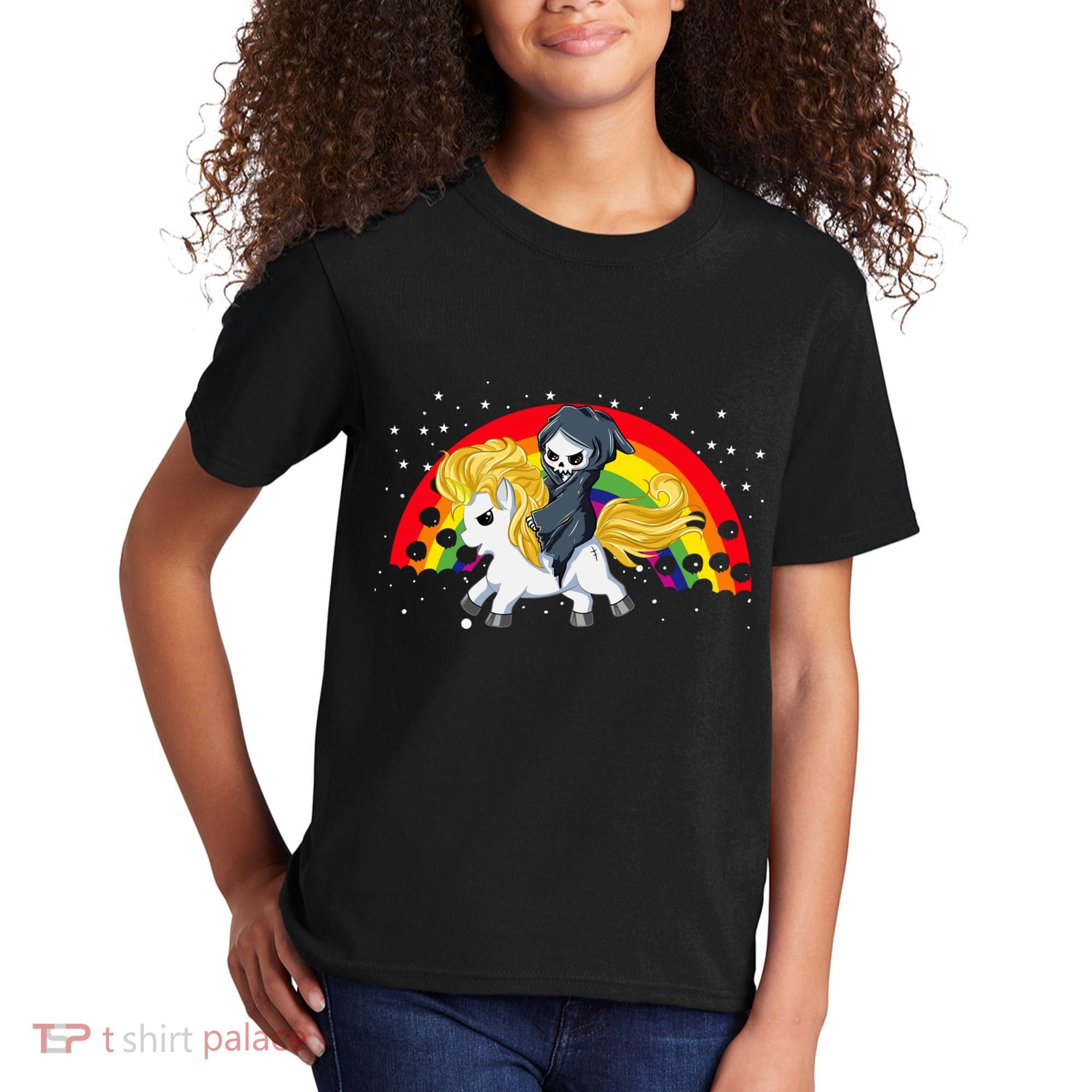 Cute Scary Ghost Face Skull Reaper On Golden Unicorn Rainbow Kids T-Shirt
