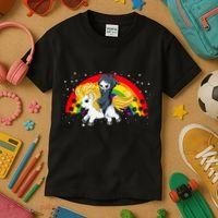 Cute Scary Ghost Face Skull Reaper On Golden Unicorn Rainbow Kids T-Shirt thumb 3