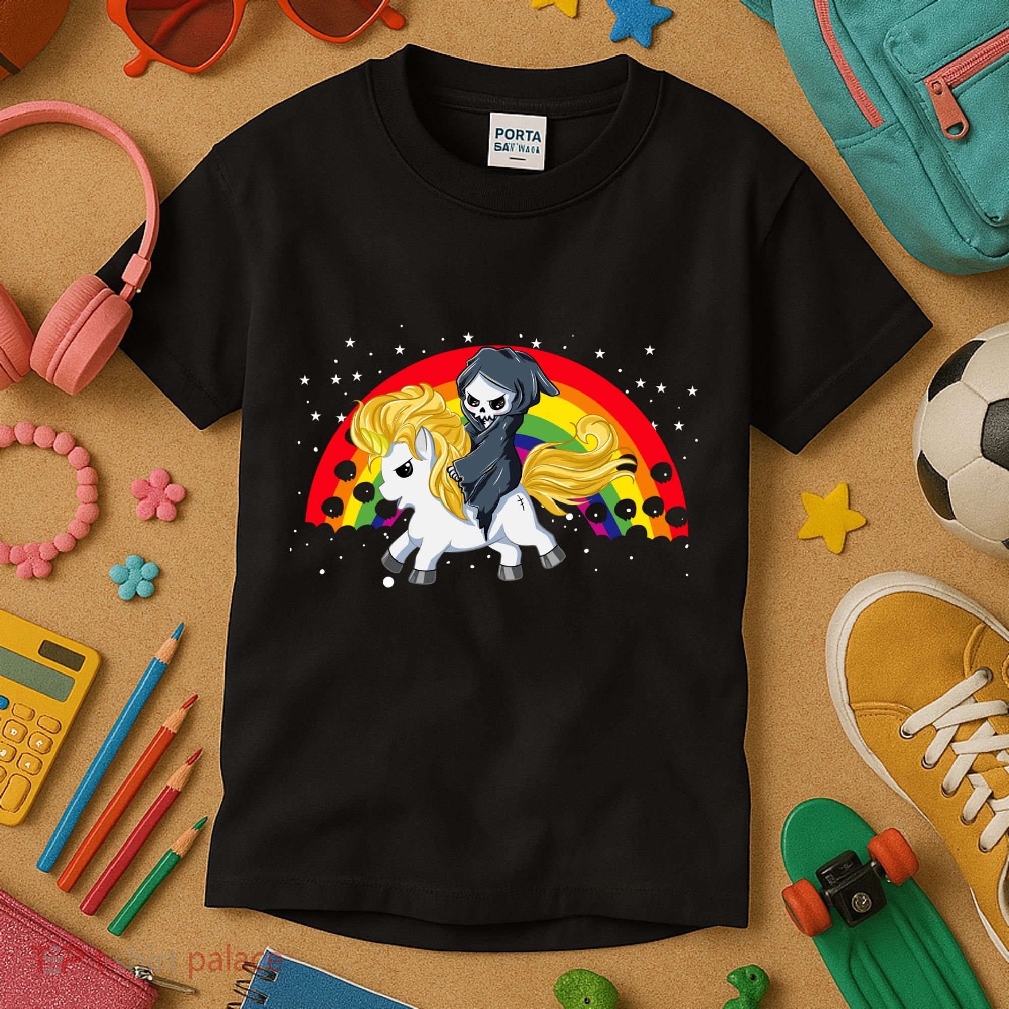 Cute Scary Ghost Face Skull Reaper On Golden Unicorn Rainbow Kids T-Shirt