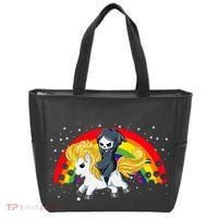 Cute Scary Ghost Face Skull Reaper On Golden Unicorn Rainbow Tote Bag thumb 0