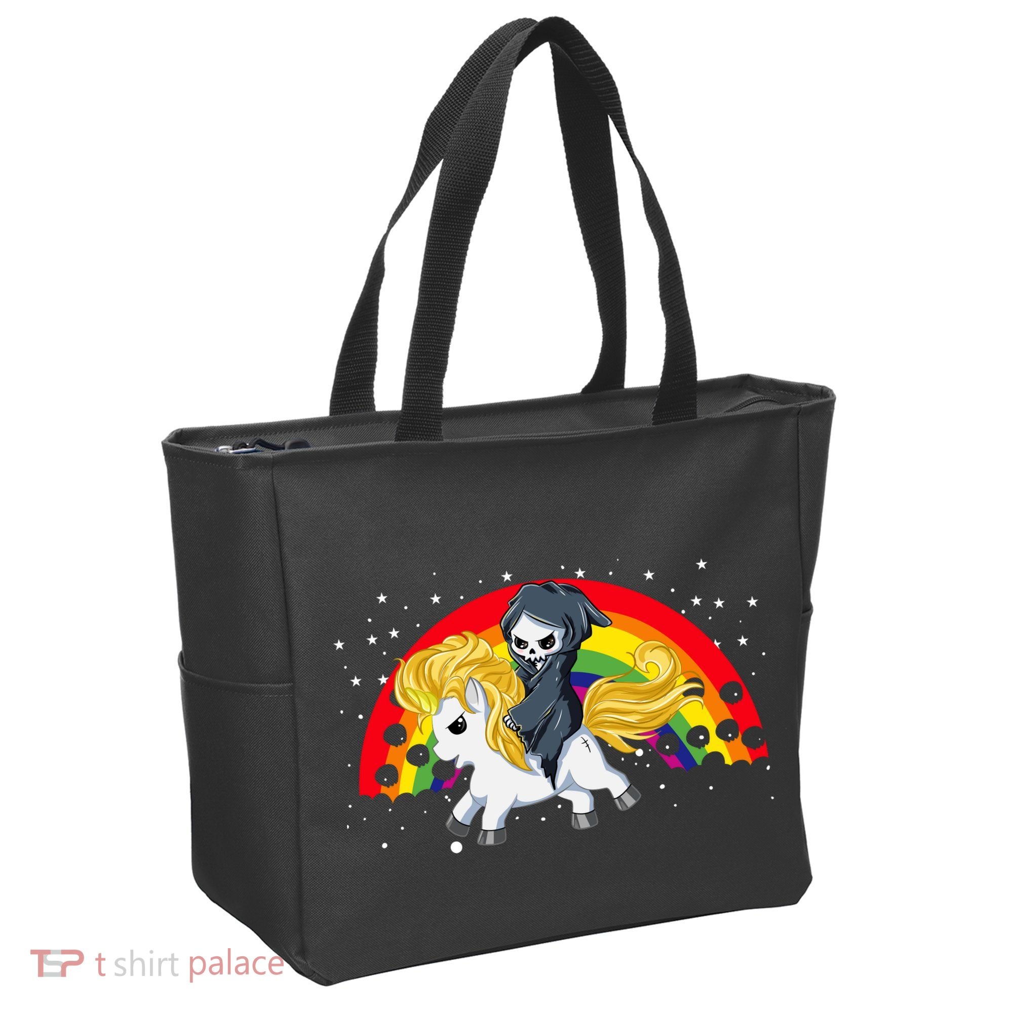 Cute Scary Ghost Face Skull Reaper On Golden Unicorn Rainbow Tote Bag