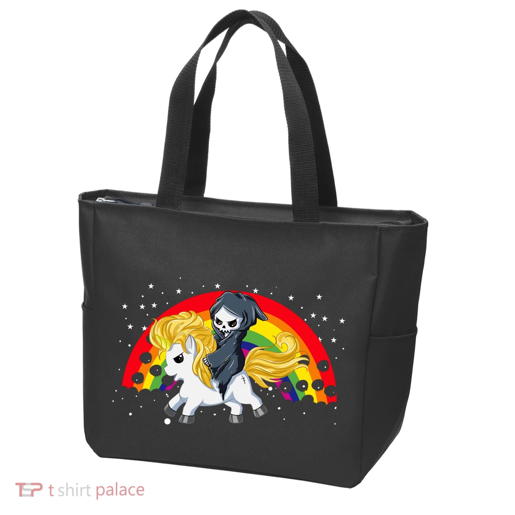 Cute Scary Ghost Face Skull Reaper On Golden Unicorn Rainbow Tote Bag