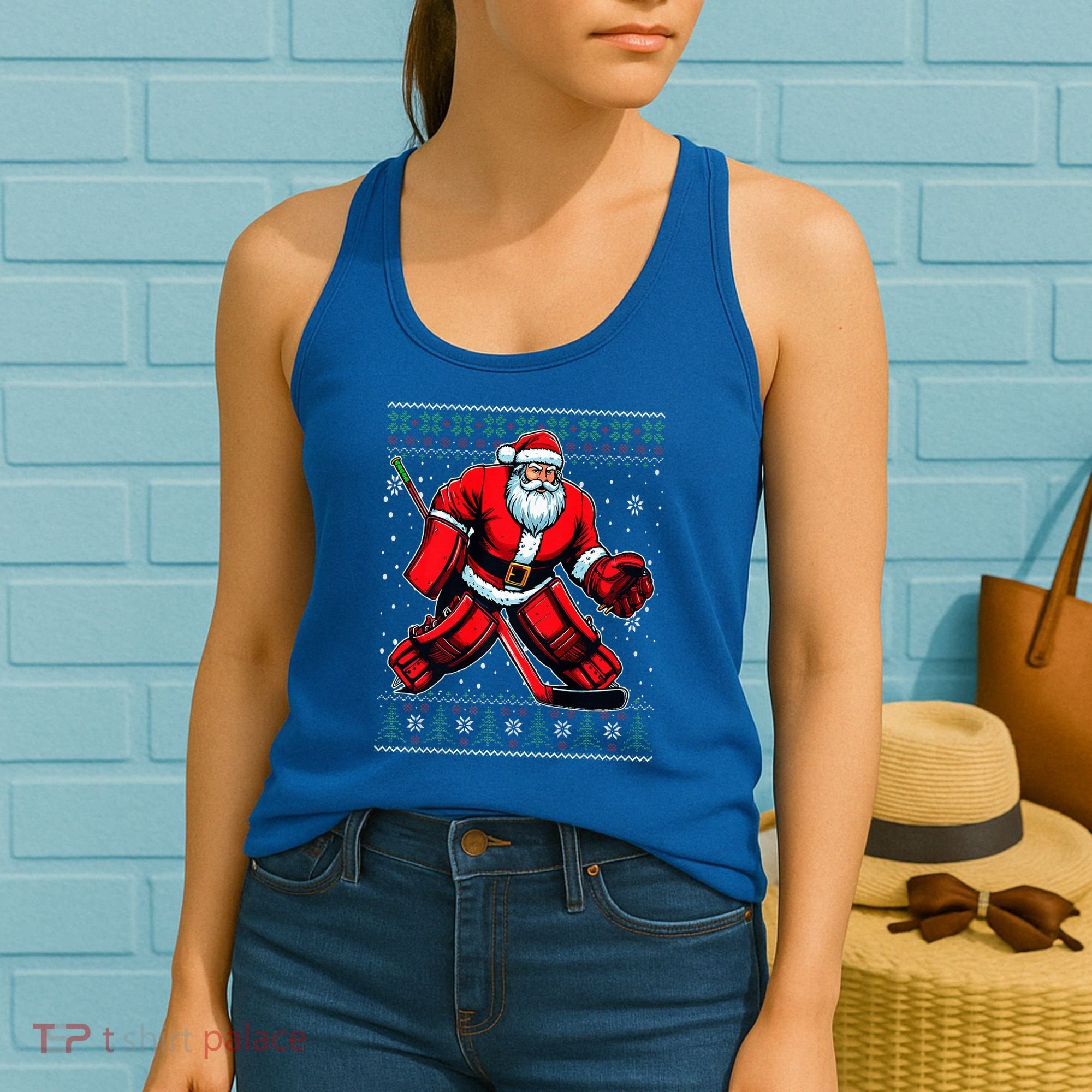 Christmas Santa Hockey Goalie Ugly Christmas Sweater  Women's Tank Top