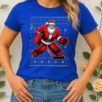 Christmas Santa Hockey Goalie Ugly Christmas Sweater  Women's T-Shirt thumb 2