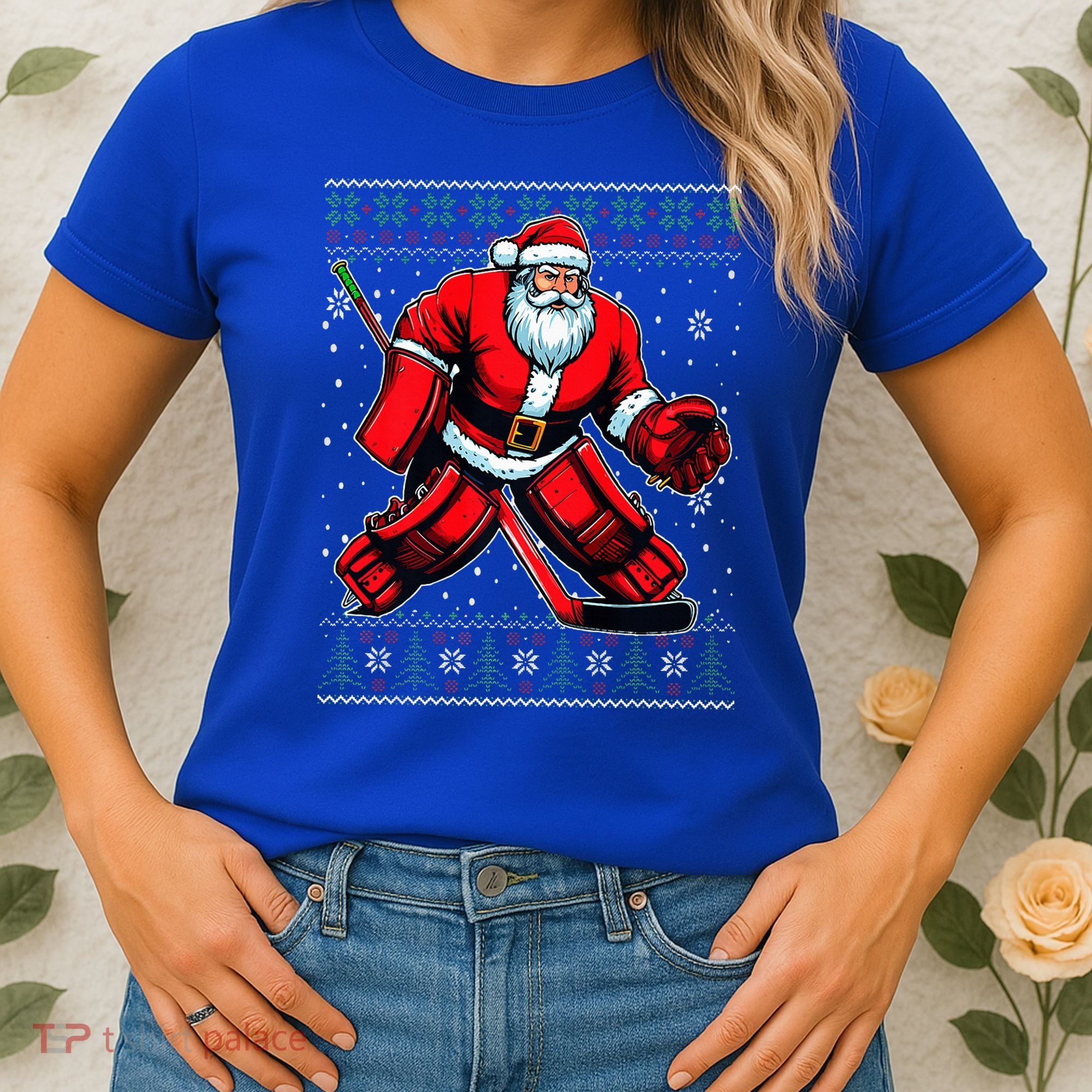 Christmas Santa Hockey Goalie Ugly Christmas Sweater  Women's T-Shirt