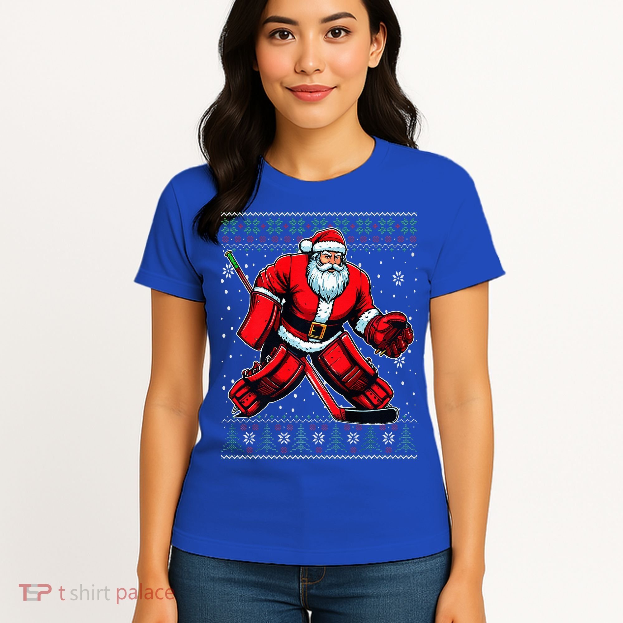 Christmas Santa Hockey Goalie Ugly Christmas Sweater  Women's T-Shirt
