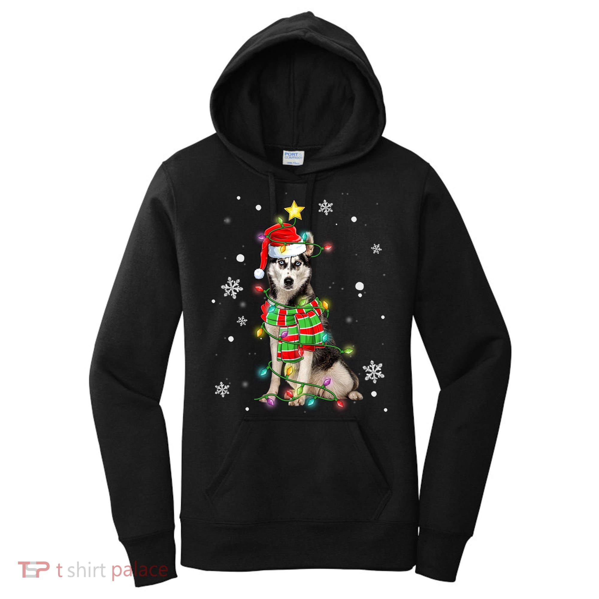 Cute Siberian Husky Dog Santa Christmas Tree Lights Xmas Gift Women's Hoodie