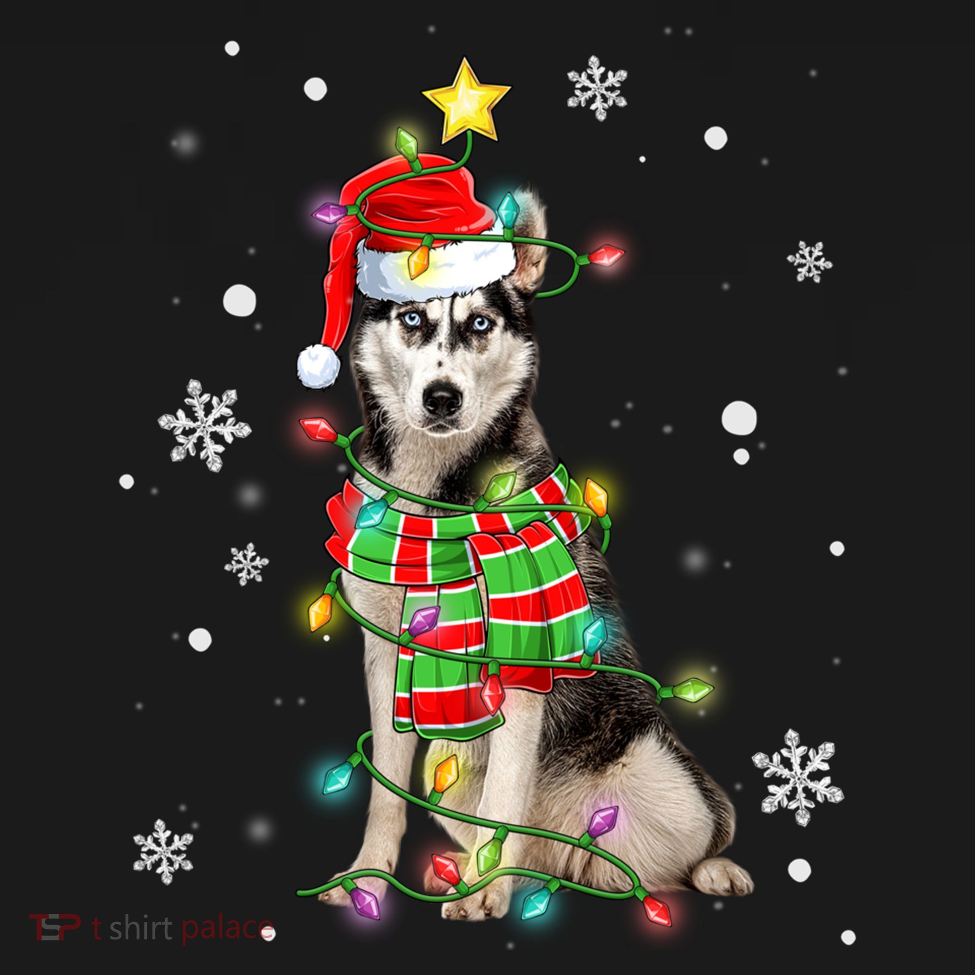 Cute Siberian Husky Dog Santa Christmas Tree Lights Xmas Gift Women's Hoodie
