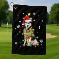 Cute Siberian Husky Dog Santa Christmas Tree Lights Xmas Gift Golf Towel thumb 1
